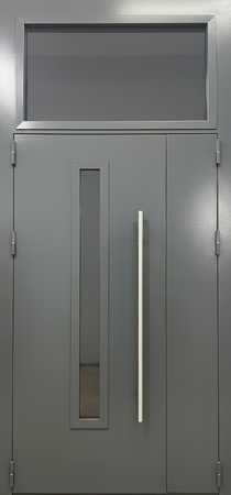 Металлическая полуторастворчатая дверь в подъезд с остекленной фрамугой, электромагнитным замком и длинной ручкой (серое полимерное напыление) Металлическая полуторастворчатая дверь в подъезд с остекленной фрамугой, электромагнитным замком и длинной ручкой (серое полимерное напыление)