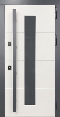 Металлическая остекленная термодверь с бугельной ручкой, серыми наличниками и белыми плитами МДФ RAL Металлическая остекленная термодверь с бугельной ручкой, серыми наличниками и белыми плитами МДФ RAL